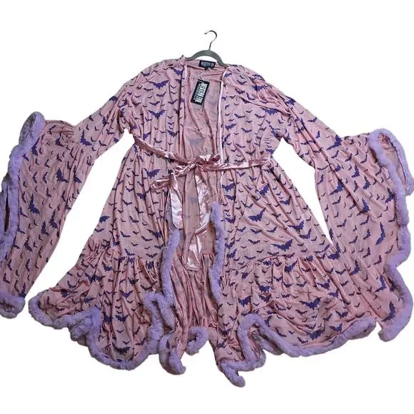 Western Evil NEW pastel goth Dracula boudoir feathered robe widow robe bat print - Picture 7 of 7